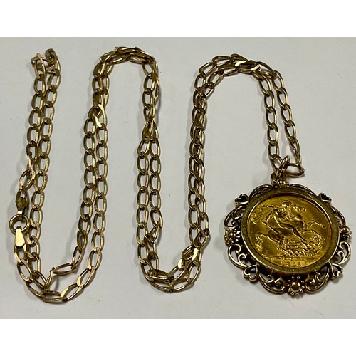 574 - A George V sovereign pendant necklace, 1911, Canada mint, 9ct gold mount and chain, 18.6g gross