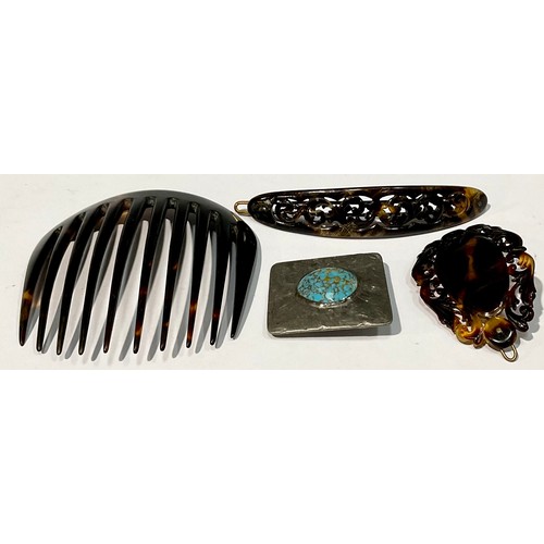 578 - Lady's Accessories - a large tortoiseshell hair slide, 10cm long; others; an Arts and Crafts brooch,... 