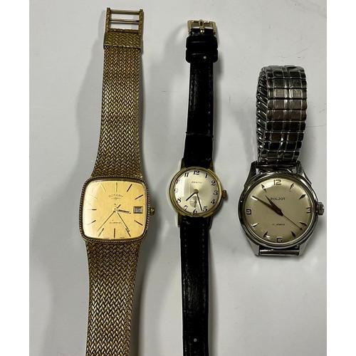 584 - A Zenith gold plated lady's watch, Arabic numerals, subsidiary seconds dial, black leather strap; a ... 