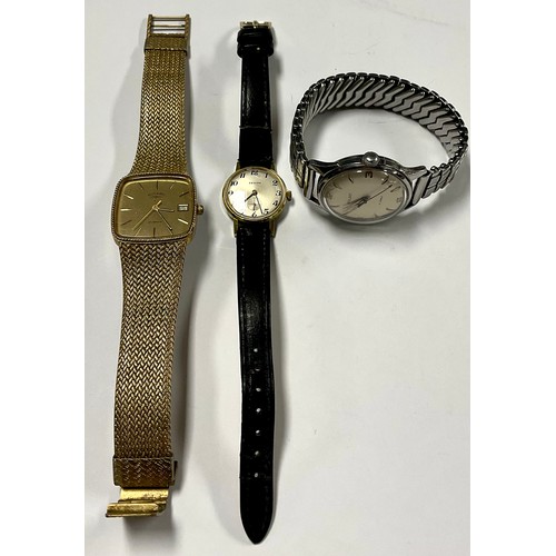 584 - A Zenith gold plated lady's watch, Arabic numerals, subsidiary seconds dial, black leather strap; a ... 