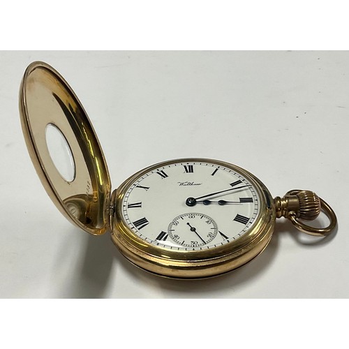 591 - A gold plated Waltham half hunter pocket watch, white enamel dial, Roman numerals, subsidiary second... 