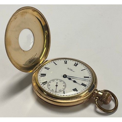 591 - A gold plated Waltham half hunter pocket watch, white enamel dial, Roman numerals, subsidiary second... 