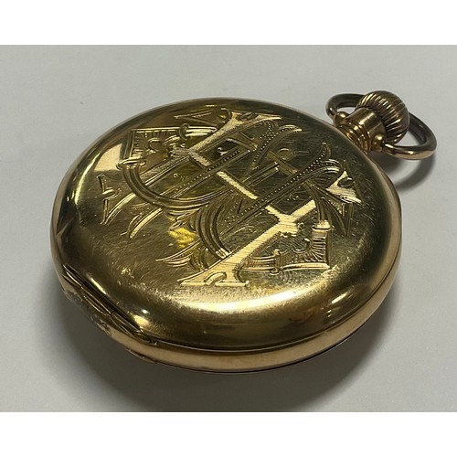 591 - A gold plated Waltham half hunter pocket watch, white enamel dial, Roman numerals, subsidiary second... 