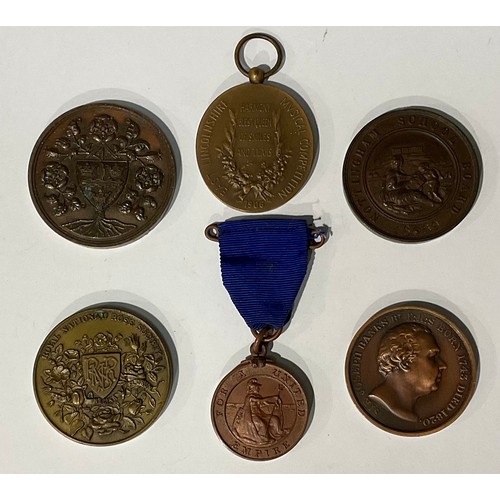 594 - A collection of bronze and bronzed metal medals and medallions, including General Election Jan 1 191... 