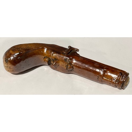 690 - A 19th century Derbyshire brown salt glazed novelty flask, in the form of a pistol, 25cm long, c.184... 