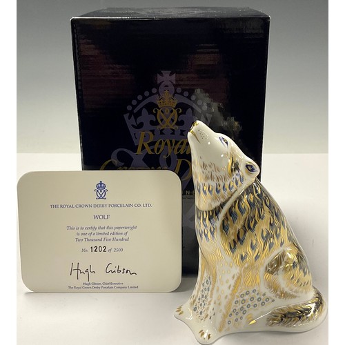 37 - A Royal Crown Derby paperweight, Wolf, limited edition 1,202/2,500, facsimile signed by designer Tie... 