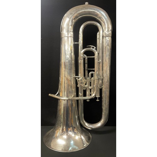 706 - Musical Instruments - a silver plated tuba, inscribed 'MAKER TO H.M. FORCES, A HALL, GISBORNE, 37 SU... 