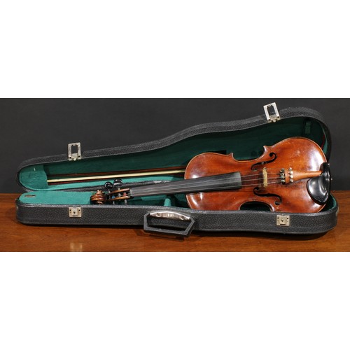 708 - Musical Instruments - a violin, the two-piece back 35.5cm excluding button, ebonised tuning pegs, ou... 