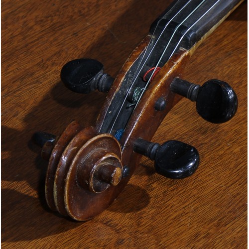 708 - Musical Instruments - a violin, the two-piece back 35.5cm excluding button, ebonised tuning pegs, ou... 