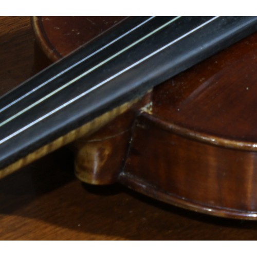 708 - Musical Instruments - a violin, the two-piece back 35.5cm excluding button, ebonised tuning pegs, ou... 