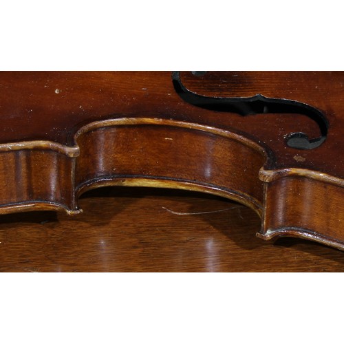 708 - Musical Instruments - a violin, the two-piece back 35.5cm excluding button, ebonised tuning pegs, ou... 