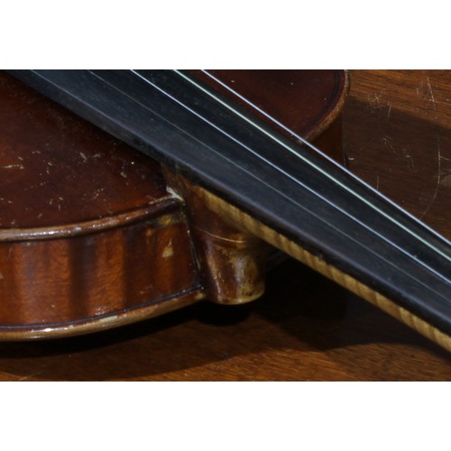 708 - Musical Instruments - a violin, the two-piece back 35.5cm excluding button, ebonised tuning pegs, ou... 