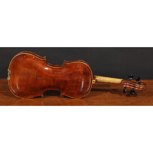 708 - Musical Instruments - a violin, the two-piece back 35.5cm excluding button, ebonised tuning pegs, ou... 