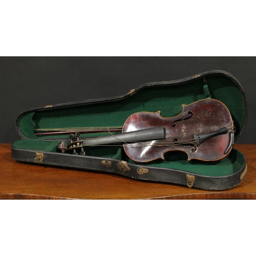 710 - Musical Instruments - a violin, the one-piece back 36cm excluding button, ebonised tuning pegs, 59cm... 