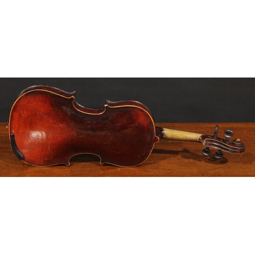 710 - Musical Instruments - a violin, the one-piece back 36cm excluding button, ebonised tuning pegs, 59cm... 