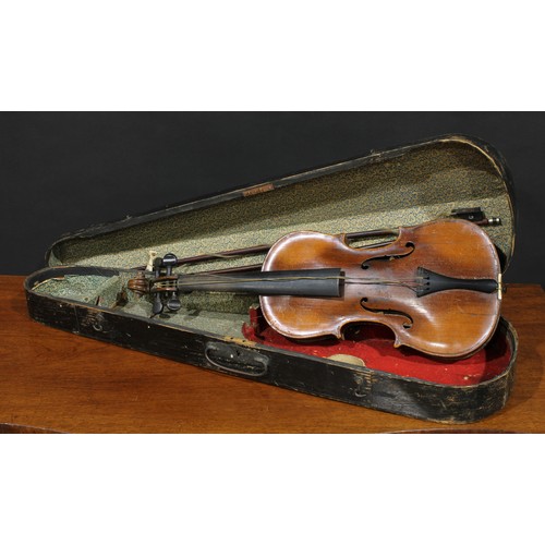 711 - Musical Instruments - a violin, the two-piece back 35.5cm excluding button, ebonised tuning pegs, ou... 