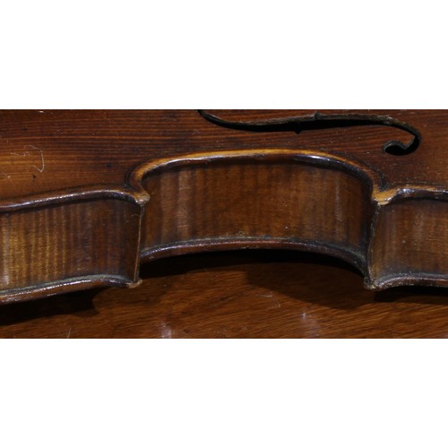 711 - Musical Instruments - a violin, the two-piece back 35.5cm excluding button, ebonised tuning pegs, ou... 