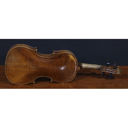 711 - Musical Instruments - a violin, the two-piece back 35.5cm excluding button, ebonised tuning pegs, ou... 