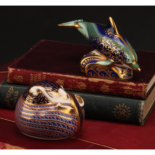 69 - A pair of Royal Crown Derby paperweights, Baby Bottlenose Dolphin, 12cm long, silver stopper, and Sl... 