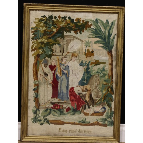 42 - A 19th century Berlin woolwork panel, depicting Moses in the Bulrushes, dated 1876, embroidered Moïs... 