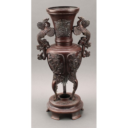 44 - A pair of large Japanese Meiji period patinated bronze shouldered vases on stands, the tapering neck... 