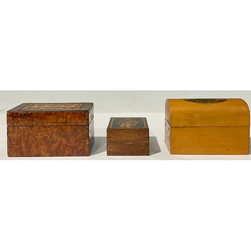 721 - A 19th century Tunbridge inlaid box, 8.5cm wide; another, 6.5cm wide; a Mauchline box, Peterborough ... 