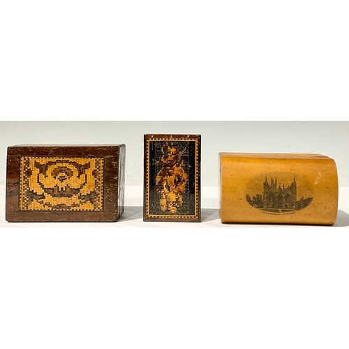 721 - A 19th century Tunbridge inlaid box, 8.5cm wide; another, 6.5cm wide; a Mauchline box, Peterborough ... 