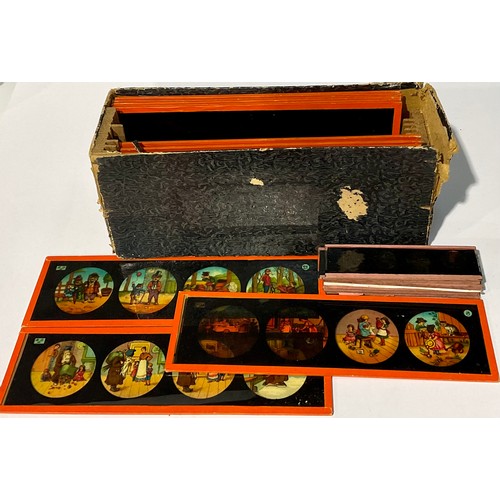 733 - Toys and Juvenalia - a box of twelve 19th century magic lantern slides, Nursery Rhymes, 6cm x 20cm; ... 