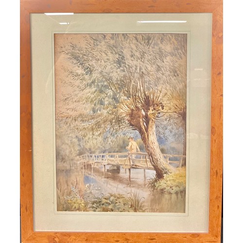 763 - Frederick Charles Dixey  
Fisherman on Wooden Bridge  
signed, watercolour, 40cm x 29cm