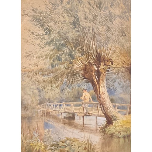 763 - Frederick Charles Dixey  
Fisherman on Wooden Bridge  
signed, watercolour, 40cm x 29cm