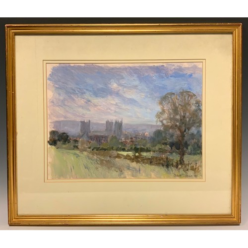 765 - John F Collins (Contemporary) 
Bristol Cathedral from the Meadows, 
signed, mixed media, dated 97, 2... 