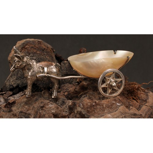 772 - An Edwardian silver novelty pin cushion, as a donkey pulling a mother of pearl cart, 8.5cm long, Bir... 