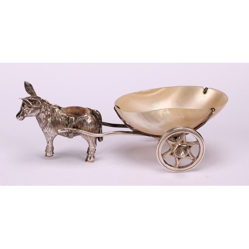 772 - An Edwardian silver novelty pin cushion, as a donkey pulling a mother of pearl cart, 8.5cm long, Bir... 