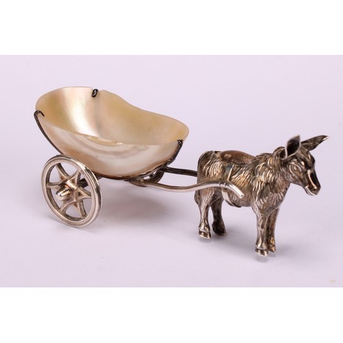 772 - An Edwardian silver novelty pin cushion, as a donkey pulling a mother of pearl cart, 8.5cm long, Bir... 