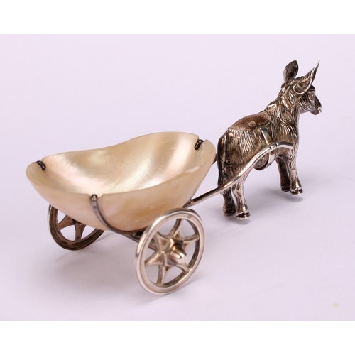 772 - An Edwardian silver novelty pin cushion, as a donkey pulling a mother of pearl cart, 8.5cm long, Bir... 