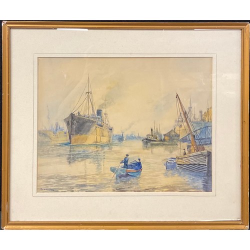 774 - R W Underwood   
Busy Harbour Scene,
signed, watercolour, 23cm x 30cm