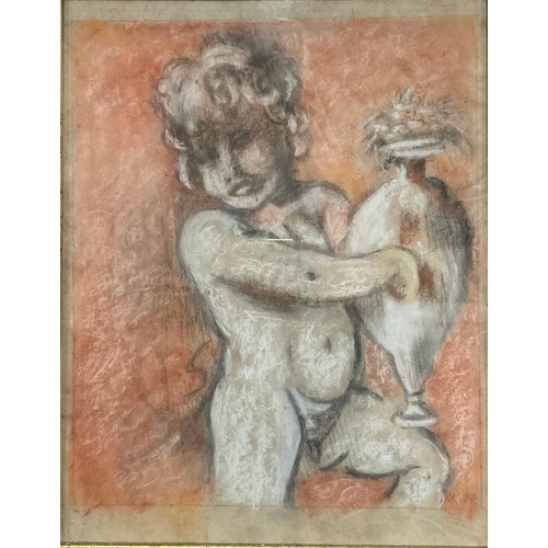 776 - English School  
Classical Cherub Holding an Urn 
monogrammed, mixed media, 28.5cm x 22.5cm