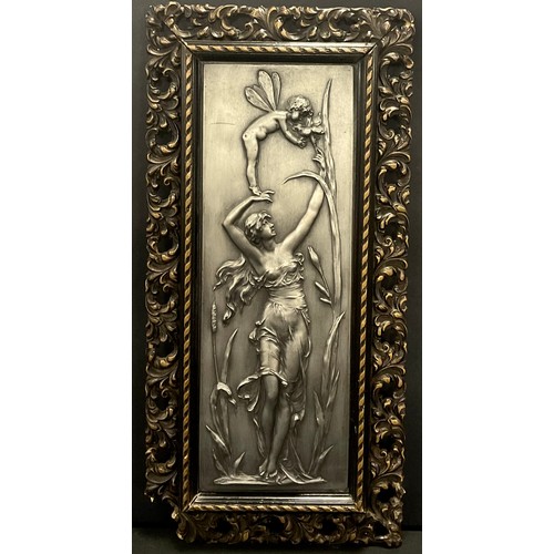 784 - An Art Nouveau style cast metal rectangular plaque, in relief with water nymph and fairy, 40cm x 19c... 