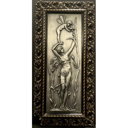 784 - An Art Nouveau style cast metal rectangular plaque, in relief with water nymph and fairy, 40cm x 19c... 