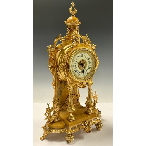 59 - A Louis XVI revival gilt metal mantle clock, crown finial above an enamel dial with Roman numerals a... 