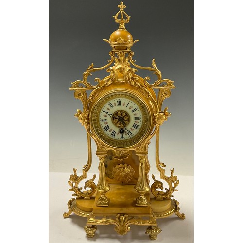 59 - A Louis XVI revival gilt metal mantle clock, crown finial above an enamel dial with Roman numerals a... 