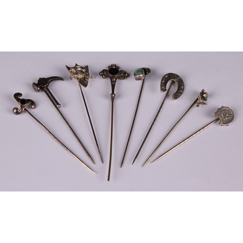 565A - Stick Pins - a silver horseshoe stick pin; a silver and turquoise stick pin in the form of a fruit; ... 