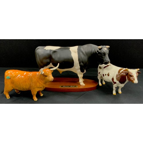 25 - Beswick cows including; Friesian Bull on wooden plinth, 20cm high, Highland cow, no.1740, Ayrshire B... 