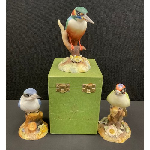 34 - Royal Crown Derby hand painted birds including; Kingfisher painted by B.A, 13cm high, boxed, Austral... 