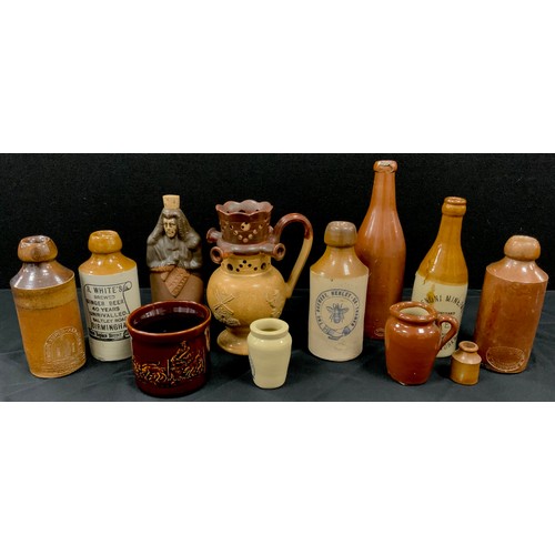 36 - 19th century Denby stoneware including; puzzle jug, antique copy of Brougham Redford cordial bottle,... 