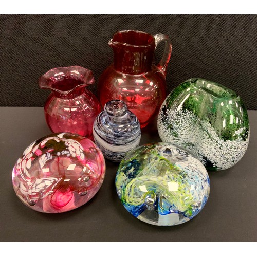 49 - Studio art glass paperweights; Victorian cranberry glass jug and vase, (6).