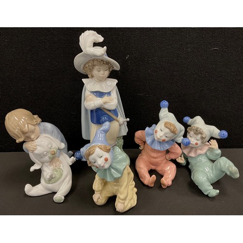 55 - Lladro/ Nao figures - Cavalier, Sleepy Time Cuddles, three harlequin clowns , printed ans impressed ... 