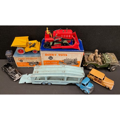 63 - Dinky Toys - 561 Blaw Bulldozer, red;  562 Dumper Truck;  Pullman car transporter;  344 Plymouth Est... 