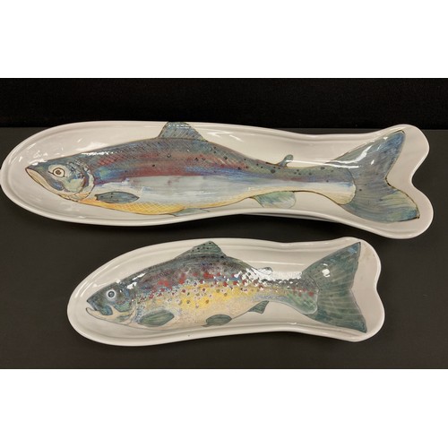 100 - Two Helmsdale District Highland Stoneware Fish Platters, Salmon platter,64cm long, other Trout, 43cm... 