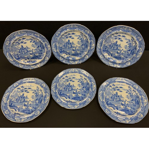 124 - A set of six 19th century Spode pearlware blue and white plates, Gothic Castle pattern, c.1800, (6).